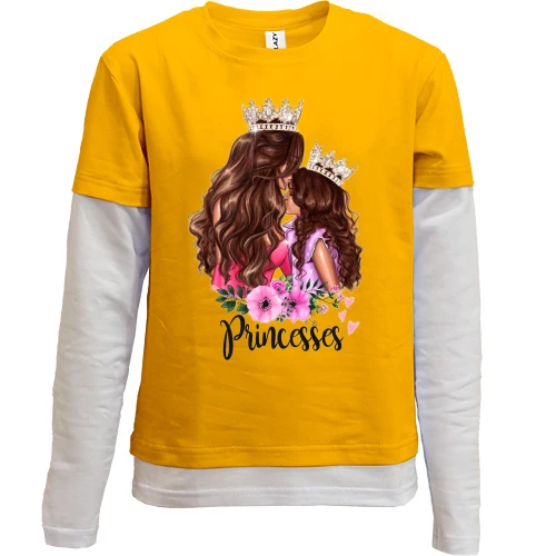 Комбінований дитячий лонгслів, жовтий, Мама з донькою "Princesses"