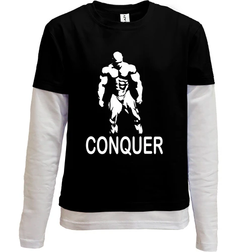 Комбинированный детский лонгслив, черный, с бодибилдером и надписью «Conquer»
