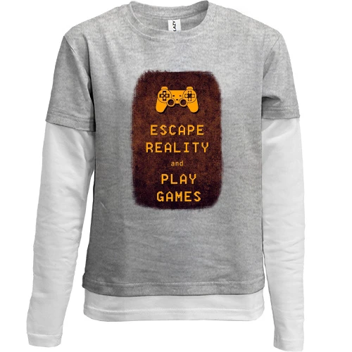 Комбинированный детский лонгслив, Синий, с надписью "Escape reality and play games"