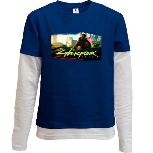 Комбинированный детский лонгслив, Синий, с главным героем игры Cyberpunk 2077