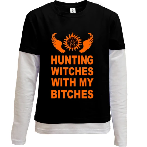 Комбинированный детский лонгслив, Черный, Hunting witches