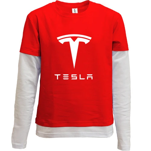 Комбінований дитячий лонгслів, червоний, з лого Tesla