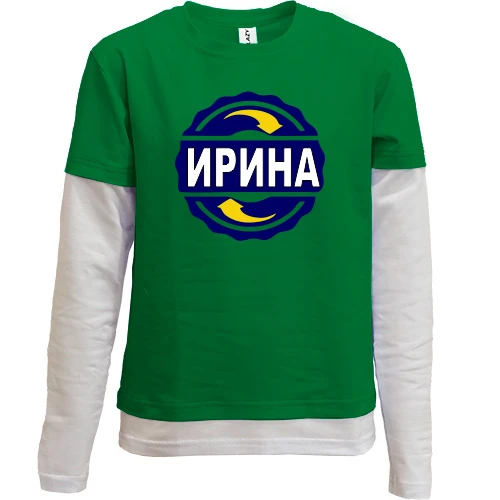 Комбинированный детский лонгслив, зеленый, с именем Ирина в круге