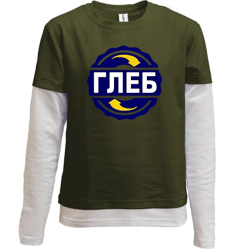 Комбинированный детский лонгслив, хаки, с именем Глеб в круге