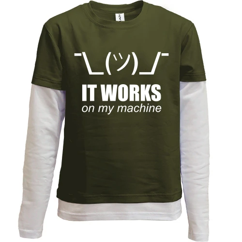 Комбинированный детский лонгслив, черный, с надписью "It works on my machine"