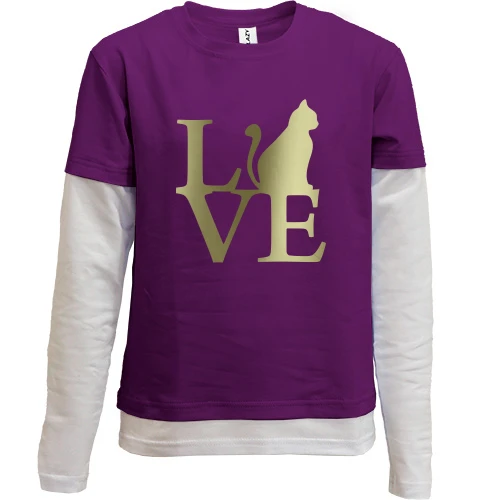 Комбинированный детский лонгслив, фиолетовый, с надписью "Love Cat"