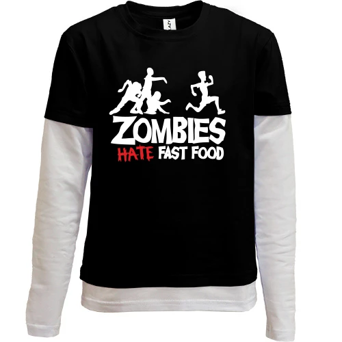 Комбинированный детский лонгслив, черный, Zombies hate fast food