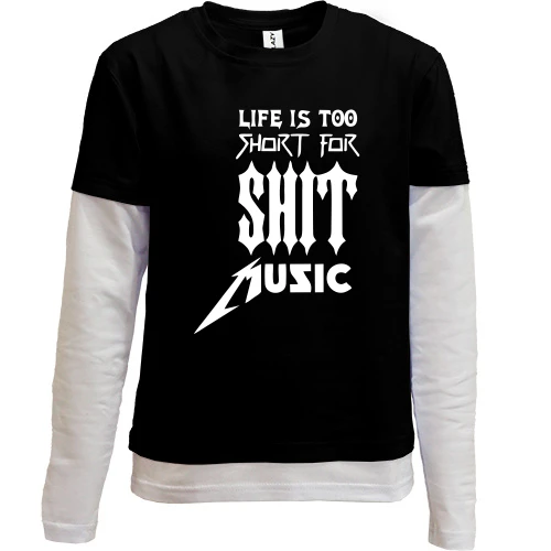 Комбинированный детский лонгслив, черный, Life is too short for shit music