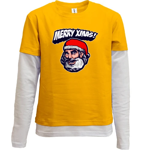 Комбинированный детский лонгслив, желтый, Merry Xmas с Санта-Клаусом