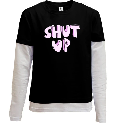 Комбинированный детский лонгслив с объёмной розовой надписью «SHUT UP»