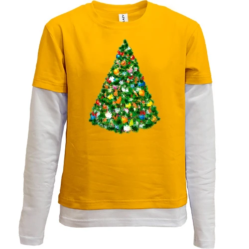 Комбинированный детский лонгслив, желтый, со стеклянной ёлкой