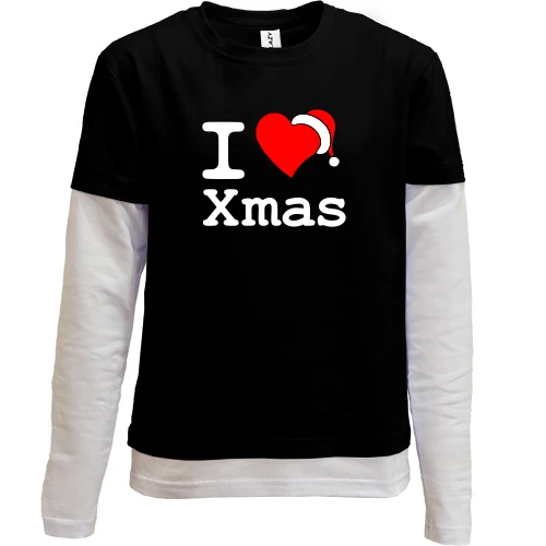 Комбинированный детский лонгслив, черный, с надписью "I love Xmas"