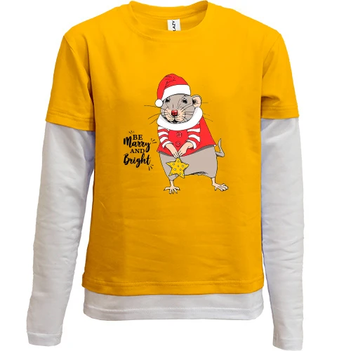 Комбинированный детский лонгслив, желтый, с надписью "Be merry and bright" и крысой