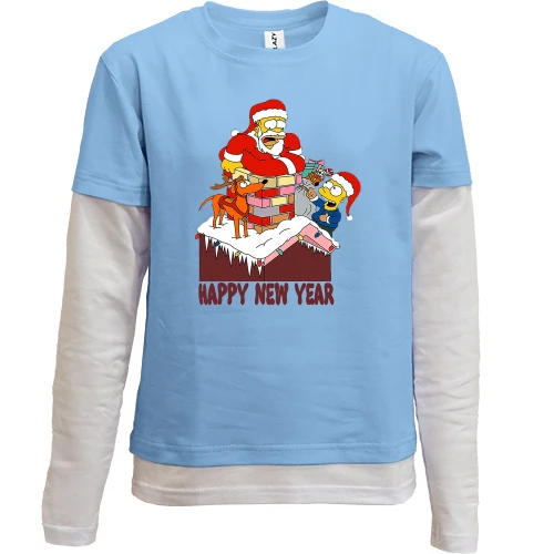 Комбинированный детский лонгслив, синий, с надписью "Happy new year" и Симпсонами