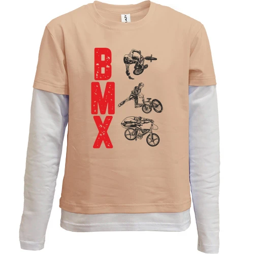 Комбинированный детский лонгслив, Бежевый, с надписью "BMX"