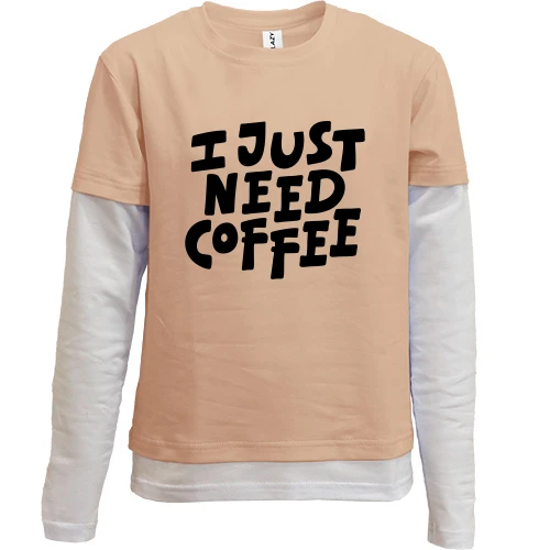Комбінований дитячий лонгслів, Чорний, з написом "I just need coffee"