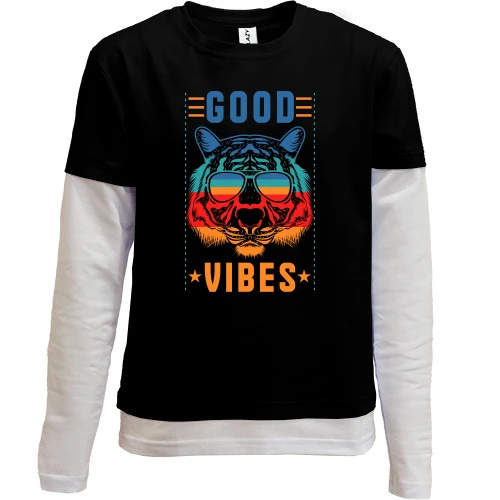 Комбинированный детский лонгслив с тигром в очках и надписью «Good vibes»