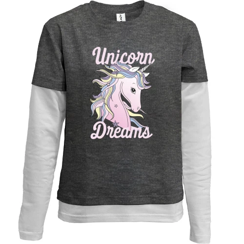 Комбинированный детский лонгслив, серый, с единорогом и надписью "Unicorn Dreams"