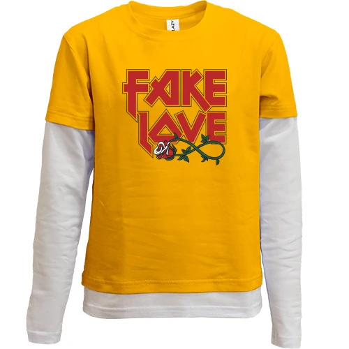 Комбинированный детский лонгслив, желтый, с надписью "Fake love"