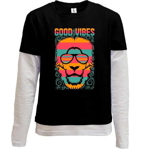 Комбінований дитячий лонгслів, чорний, з написом "Good vibes" і левом
