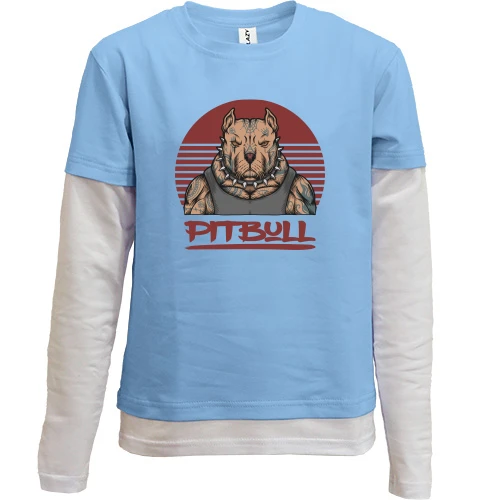 Комбинированный детский лонгслив, синий, с татуированным питбулем