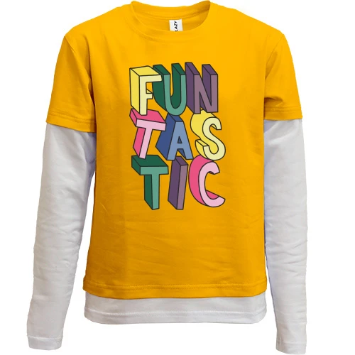 Комбинированный детский лонгслив с яркой надписью «FUNTASTIC» из объемных разноцветных 3D-букв