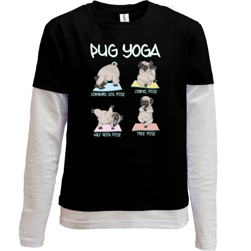 Комбинированный детский лонгслив, черный, Pug Yoga Мопс Йога