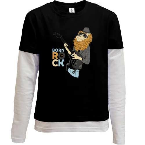 Комбинированный детский лонгслив, черный, Born to Rock Лев с гитарой