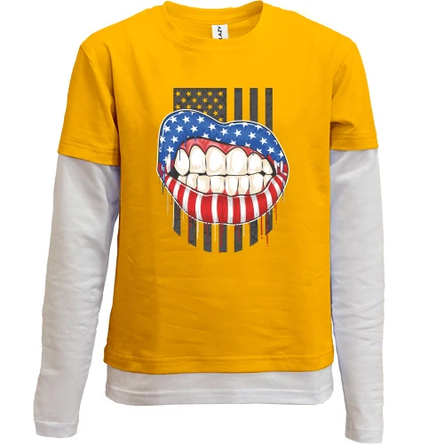 Комбінований дитячий лонгслів, жовтий, American lips Американський флаг Вуста