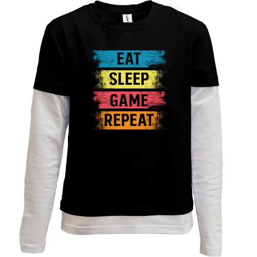 Комбинированный детский лонгслив, черный, Eat Sleep Game Repeat