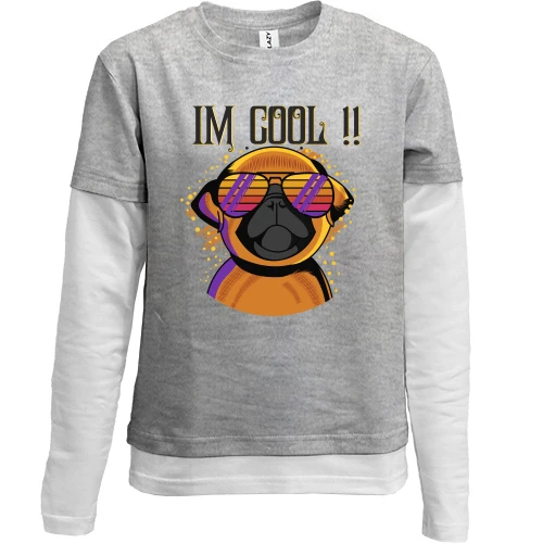 Комбинированный детский лонгслив, серый, с мопсом и надписью "I'm cool"
