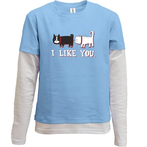 Комбинированный детский лонгслив, синий, с котами и надписью "i like you"