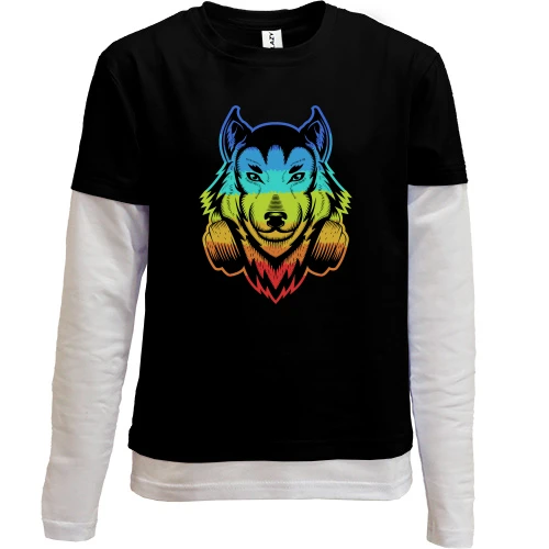 Комбінований дитячий лонгслів, чорний, Rainbow Wolf