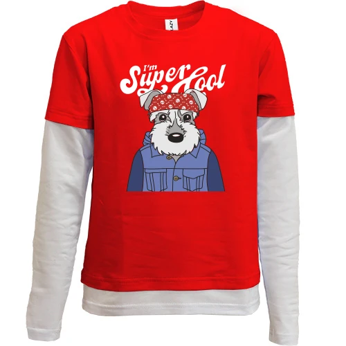 Комбинированный детский лонгслив, Красный, с собакой "I'm Super Cool"