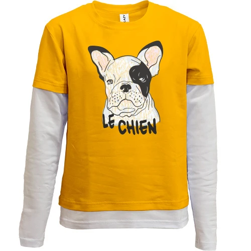 Комбинированный детский лонгслив, желтый, с надписью "Le Chien" и собакой