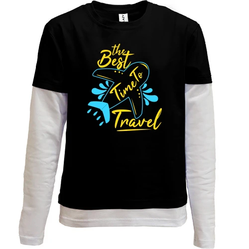 Комбинированный детский лонгслив, Черный, Best time to travel