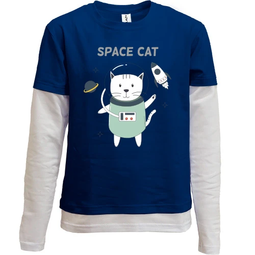 Комбинированный детский лонгслив, синий, с космическим котом SPACE CAT
