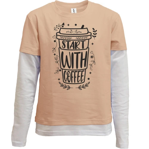 Комбінований дитячий лонгслів, Бежевий, Start with coffee