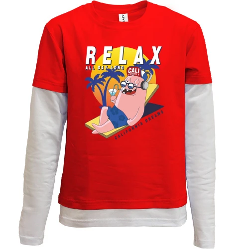 Комбинированный детский лонгслив, серый, с человечком и надписью Relax