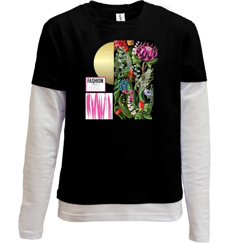 Комбінований дитячий лонгслів, Чорний, Fashion Basic Flowers