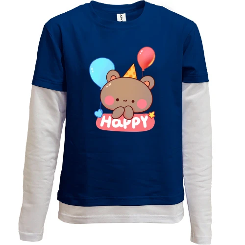 Комбинированный детский лонгслив, синий, Bear Happy Birthday