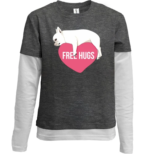 Комбинированный детский лонгслив, серый, Free Hugs с мопсом