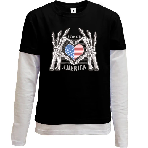 Комбинированный детский лонгслив, черный, I Love U America