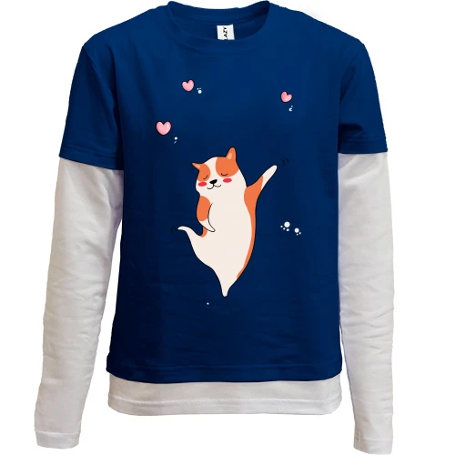 Комбинированный детский лонгслив, синий, Cat with hearts