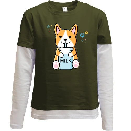 Комбинированный детский лонгслив, черный, Corgi drinks Milk