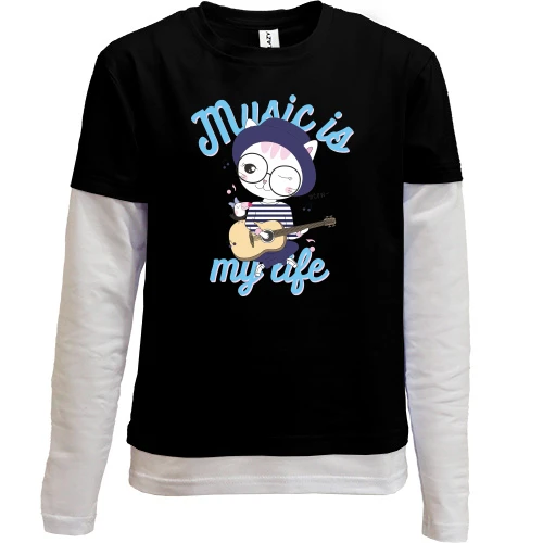 Комбінований дитячий лонгслів, Чорний, Music is My Life