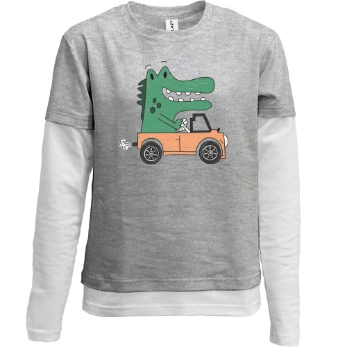 Комбинированный детский лонгслив, серый, Crocodile in the car