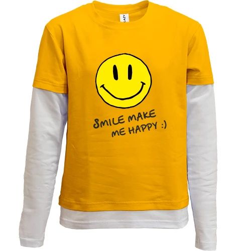 Комбинированный детский лонгслив с желтым смайликом и надписью «SMILE MAKE ME HAPPY :)»