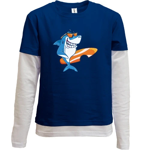 Комбинированный детский лонгслив, синий, Shark Surfer