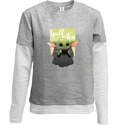 Комбинированный детский лонгслив, серый, Baby Yoda Spill the Tea